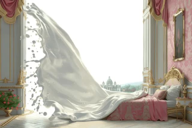 Sunlight spills into a rococo bedroom with a pink-and-gold canopy bed, red curtains, and palace-window view.