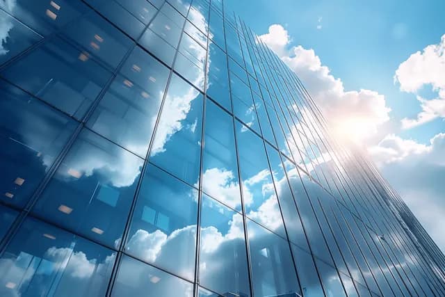 Modern glass building facade reflects blue sky and clouds as seen from street level.