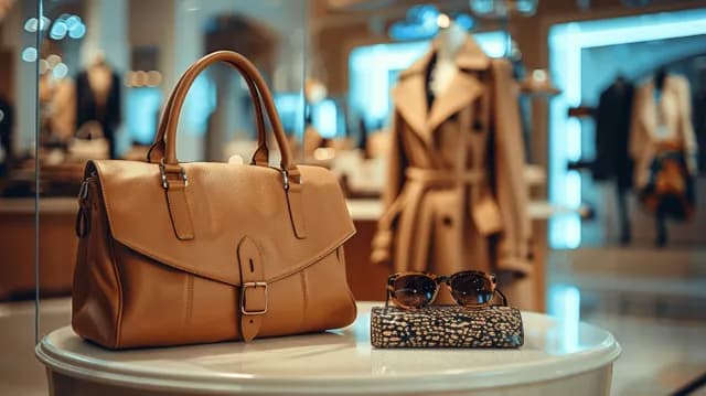 Tan leather handbag and sunglasses are displayed on a boutique table while clothing racks blur in the background.