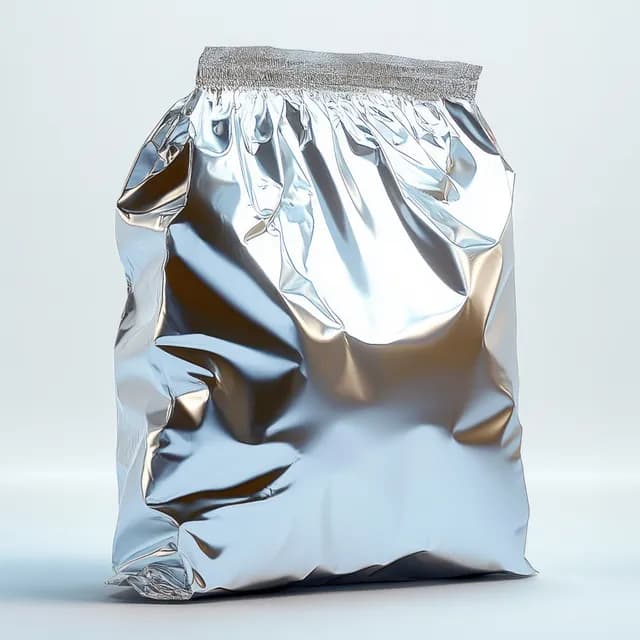 A sealed silver foil pouch with a crimped top and crinkled reflective surface stands on a plain light background.