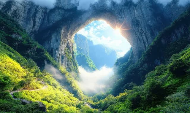Passagem montanhosa enevoada emoldurada por um arco natural com nuvens iluminadas pelo sol