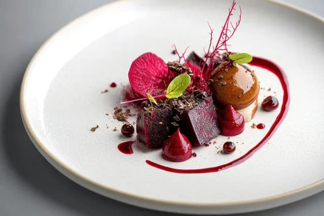 A gourmet beetroot appetizer on a white plate with red sauce swirls, microgreens, and delicate red garnish.