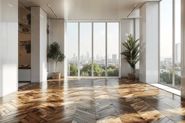 Sunlit modern living room with wooden parquet floor, floor-to-ceiling windows, indoor plants, and a city skyline view.