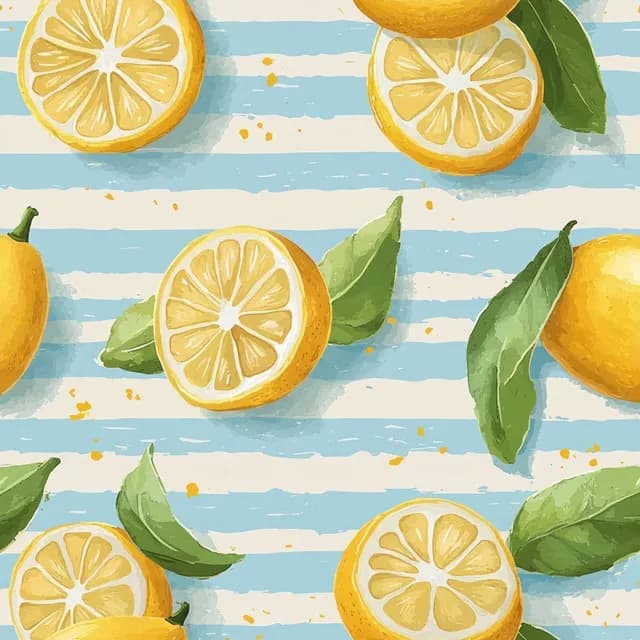 Whole and sliced lemons with green leaves arranged in a seamless pattern over blue and white stripes.