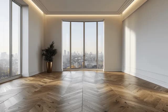 Empty modern living room with chevron wood floors and floor-to-ceiling windows showing a panoramic city skyline.