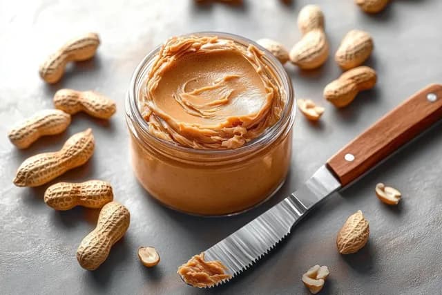 Open jar of creamy peanut butter with whole peanuts scattered and a serrated knife smeared with paste on a light surface.