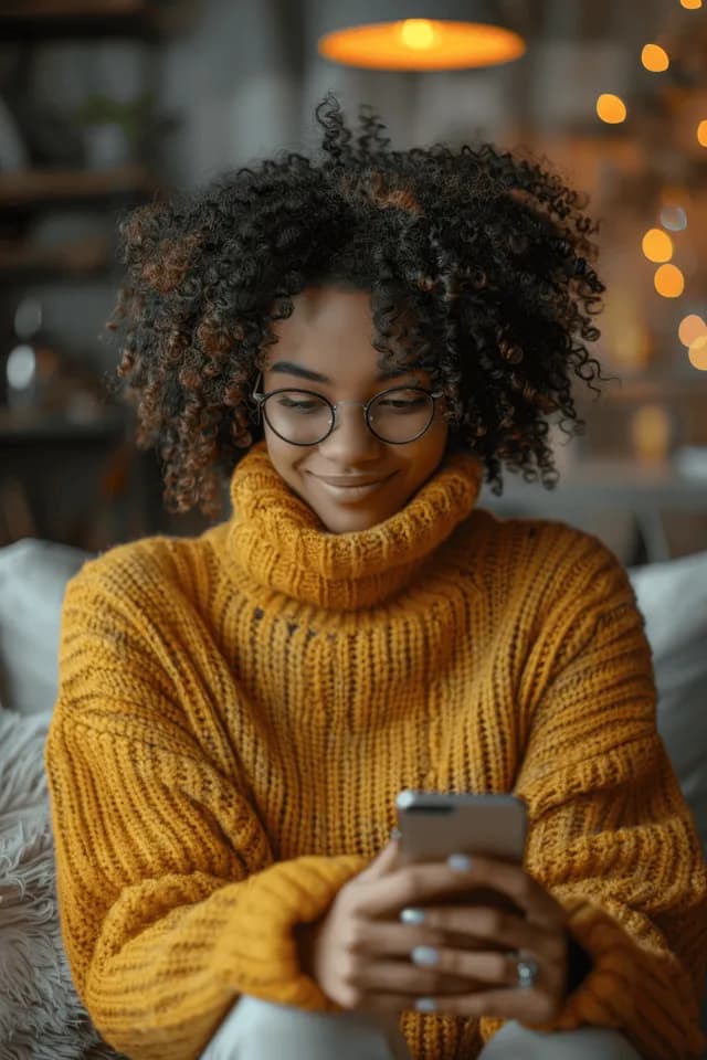 Smiling woman typing on smartphone while laptop glows on bright home office desk