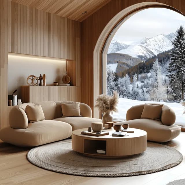 Beige sofa and round wooden coffee table in a Scandinavian living room beside a panoramic window with snowy mountains.