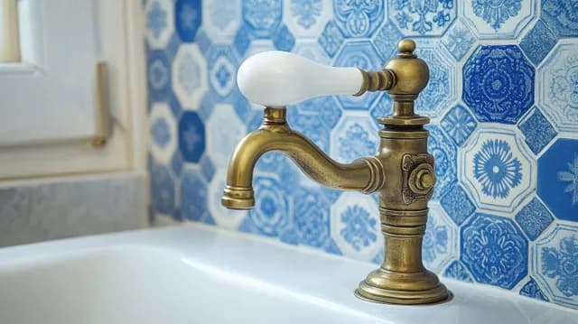 Antique brass faucet with a white ceramic handle on a sink, against a blue hexagonal tile backsplash in a classic bathroom.