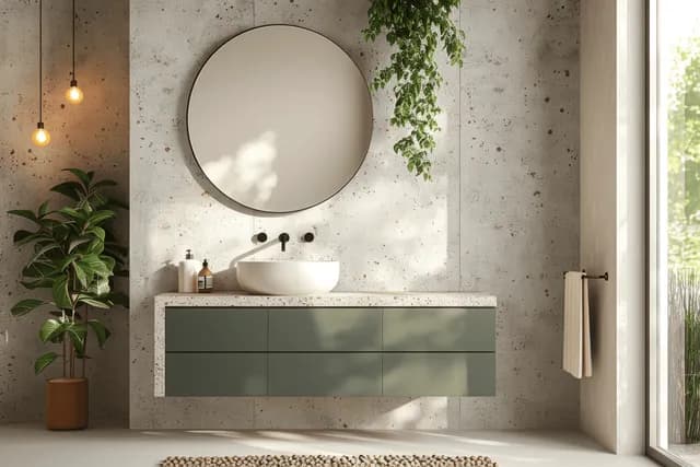 Round mirror over a white sink on a speckled concrete wall with a floating cabinet, plants, and pendant lights.