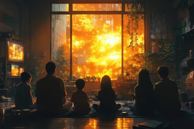 A family sits in the living room as children play on the floor under warm sunset light through a window.