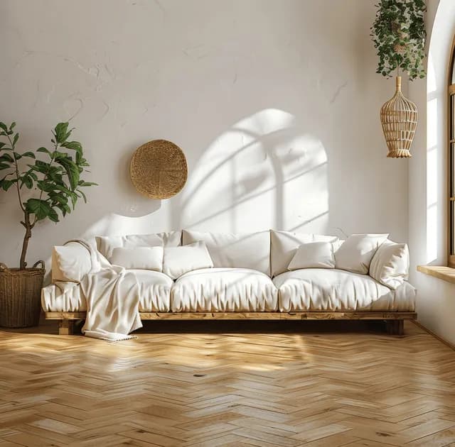 Sunlit boho coastal living room with a white sofa, cushions, woven decor, and indoor plants along a wooden floor.