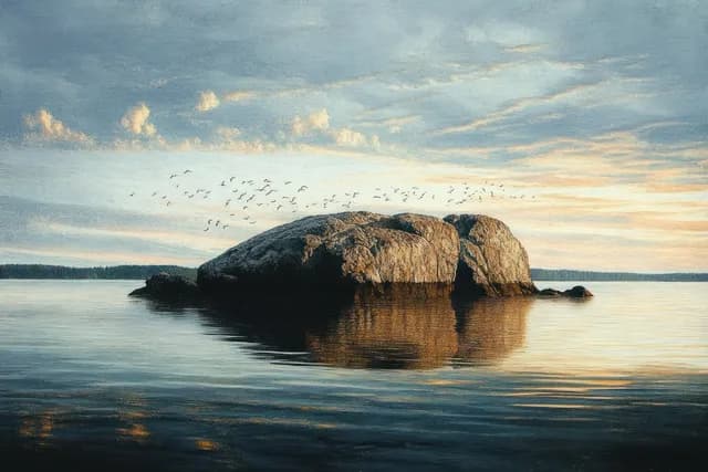 Rocky Island at Sunset with Birds and Soft Clouds
