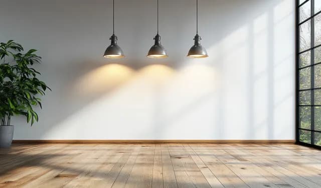 Empty minimalist room interior with white walls, wooden plank floor, and pendant lights casting soft shadows.