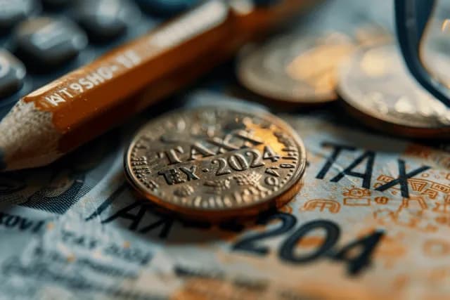 Coins marked TAX 2024 sit on tax forms while glasses and a pencil lie on an office desk.