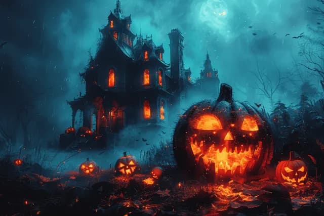Foggy haunted mansion at night with bats overhead and glowing jack-o'-lanterns in the yard under a full moon.