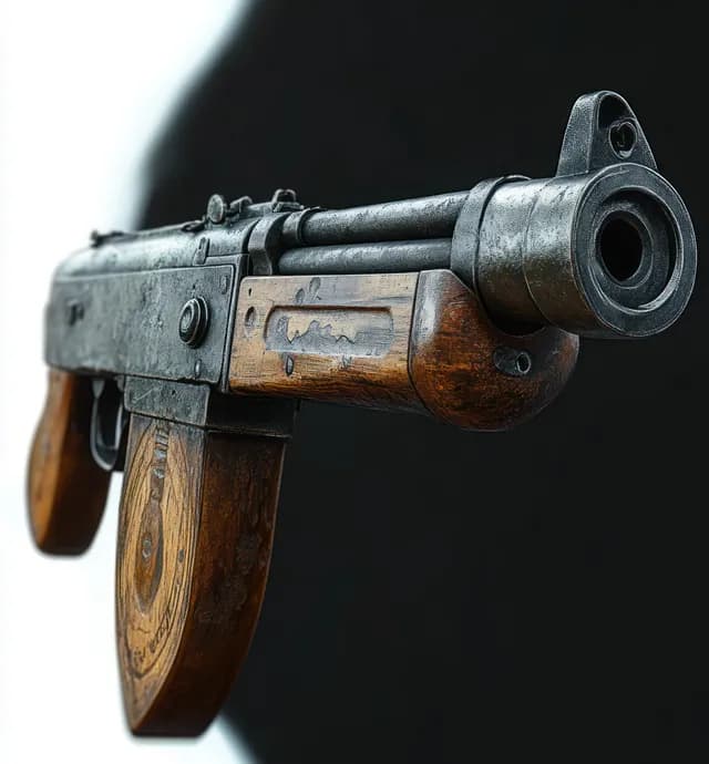 Close-up of a vintage submachine gun with wooden grips and a metal barrel against a black-and-white background.
