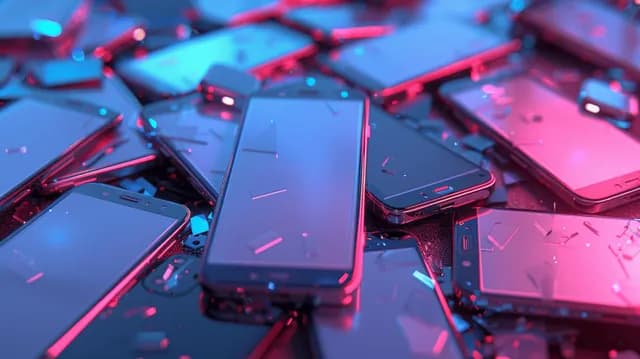 Heap of Smartphones and Phone Components on Table with Futuristic Dark Gradient Lighting