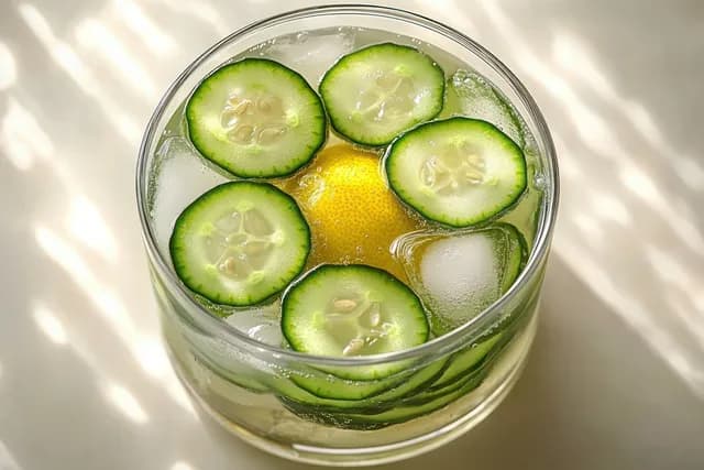 Cucumber slices float in lemon infused water with ice cubes inside a clear glass on a light surface.