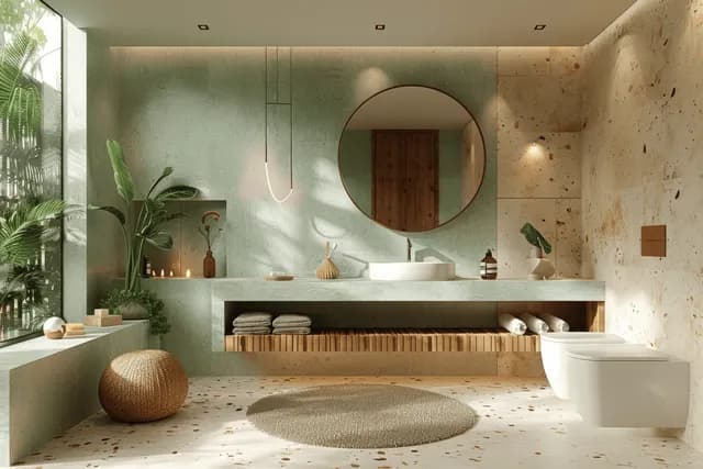 Minimalist bathroom interior with a round mirror, floating shelves, a white vessel sink, and soft warm lighting.
