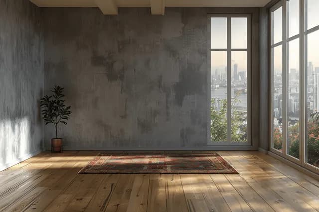 Minimalist room with wooden flooring, a patterned rug, a potted plant, and large windows showing a city skyline.