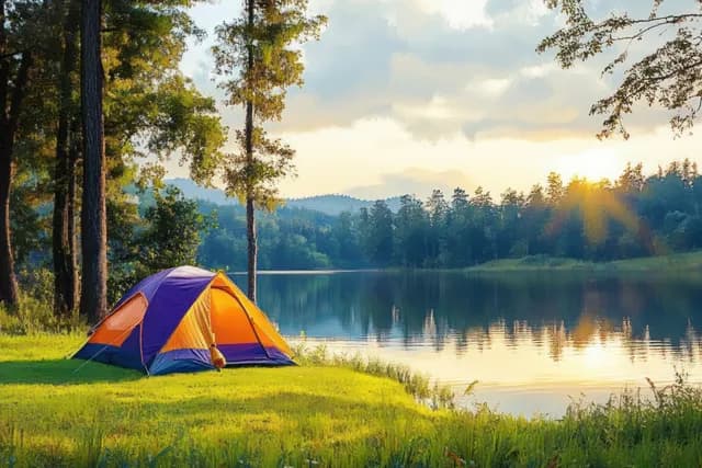 Orange and purple camping tent pitched by a calm lake at sunset with sun rays