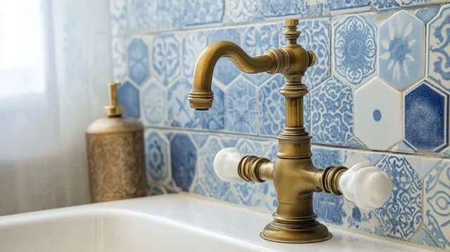 Antique brass bathtub faucet with white ceramic handles against a blue patterned tile wall.