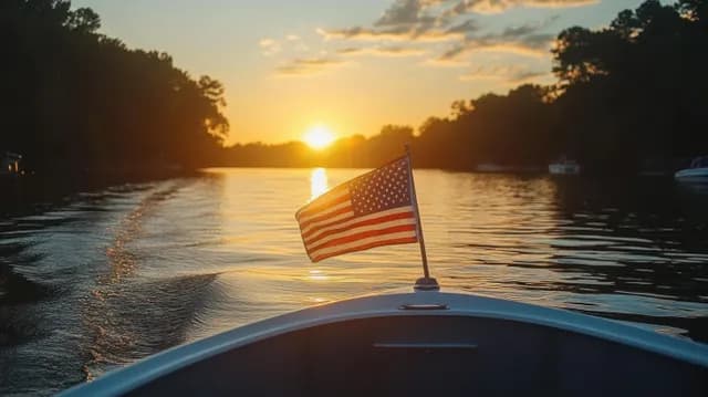 Boat cruising on a calm lake at sunset with an American flag waving behind