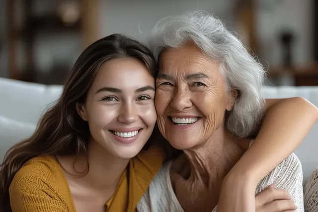 Smiling senior mother and adult daughter embrace on a couch in a cozy home living room.