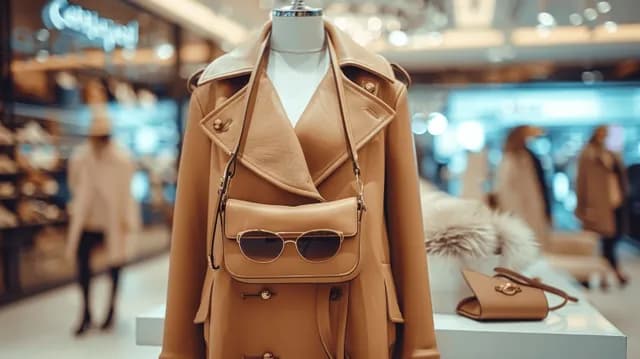 A tan coat and handbag with sunglasses displayed on a mannequin in a fashion boutique.