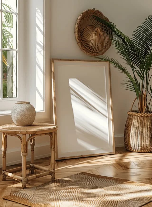 Blank wooden picture frame leaning on a sunlit floor beside a wicker table and palm plant.
