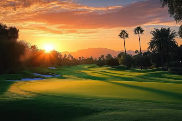 Sunset glow illuminates a tropical golf course fairway with palm trees and sand bunkers
