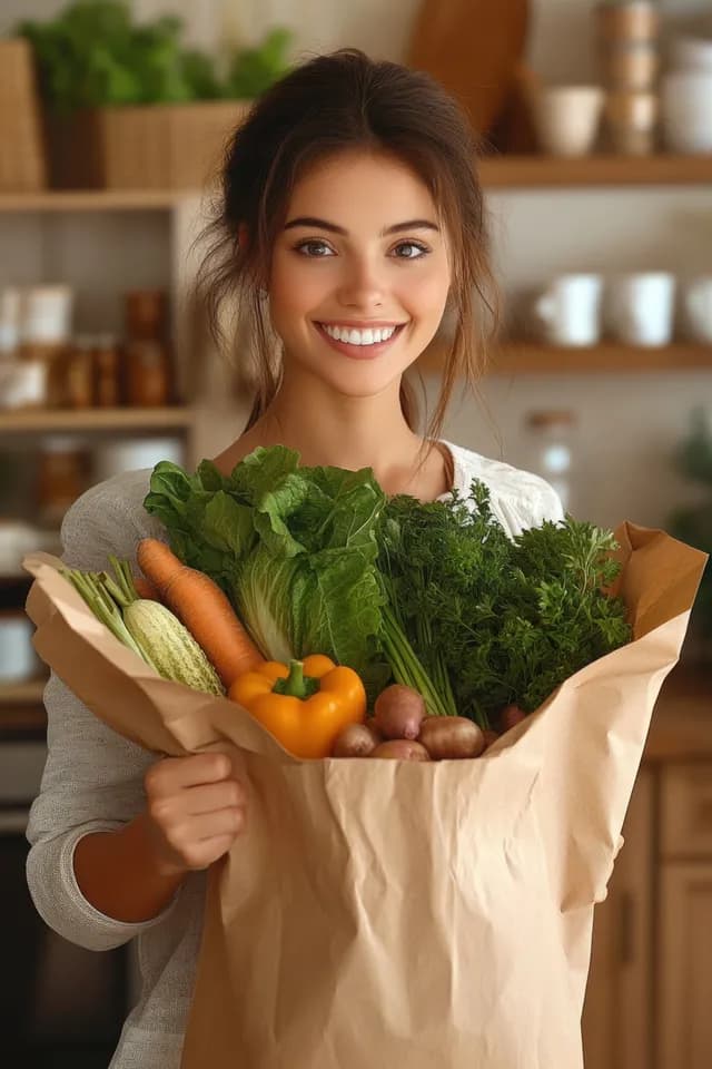 A smiling woman holds a paper bag filled with fresh leafy greens and colorful vegetables in a cozy kitchen.