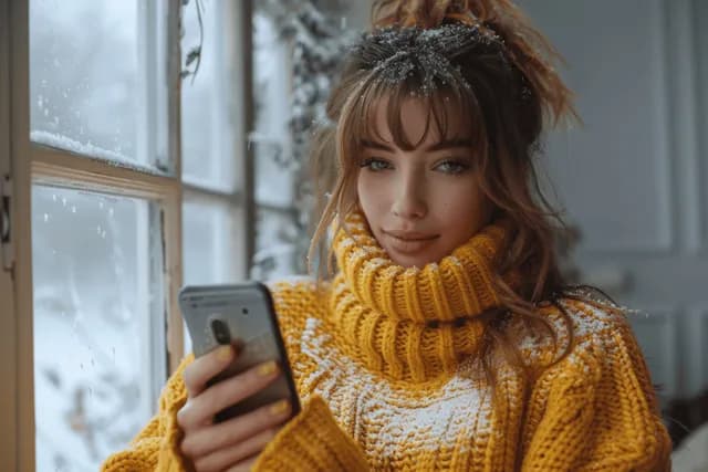 Young woman smiling while using smartphone at home, close-up of hand and bright screen