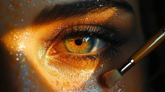 A woman’s eye in close-up with a gold makeup brush blending shimmer over the eyelid and eyelashes.