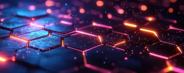 Glowing hexagon network and connection lines hover over blurred colorful bokeh lights.