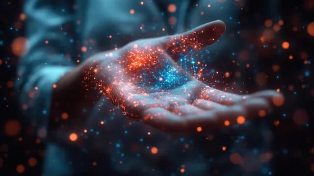 Holograma médico de IA brilhante projetado sobre a mão de um clínico em um laboratório futurista