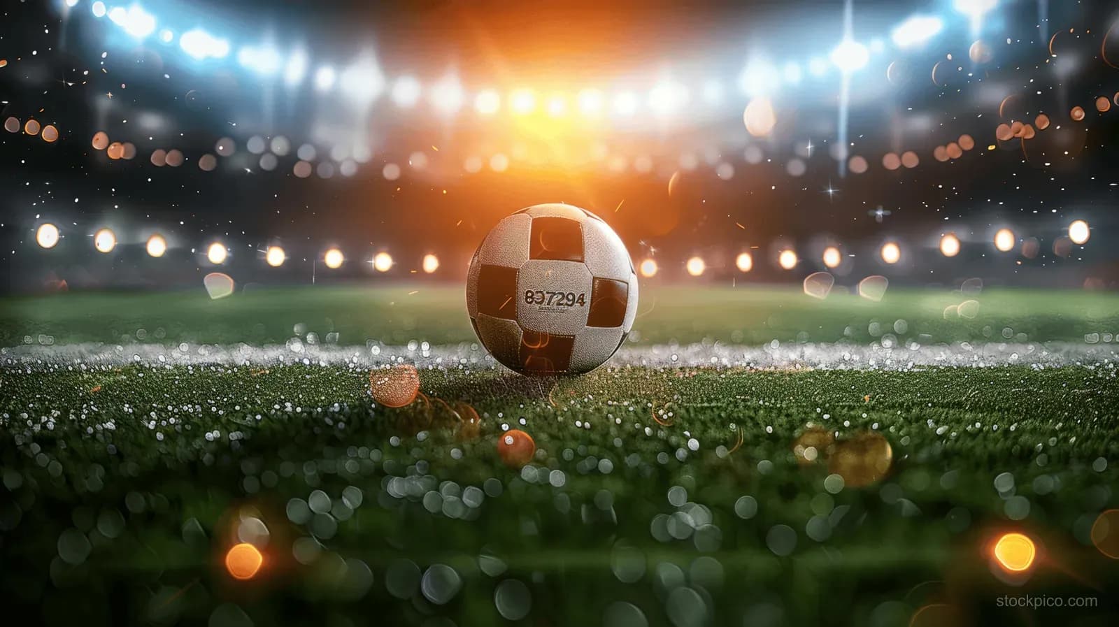 A soccer ball sits on green turf under bright stadium floodlights during a night match.