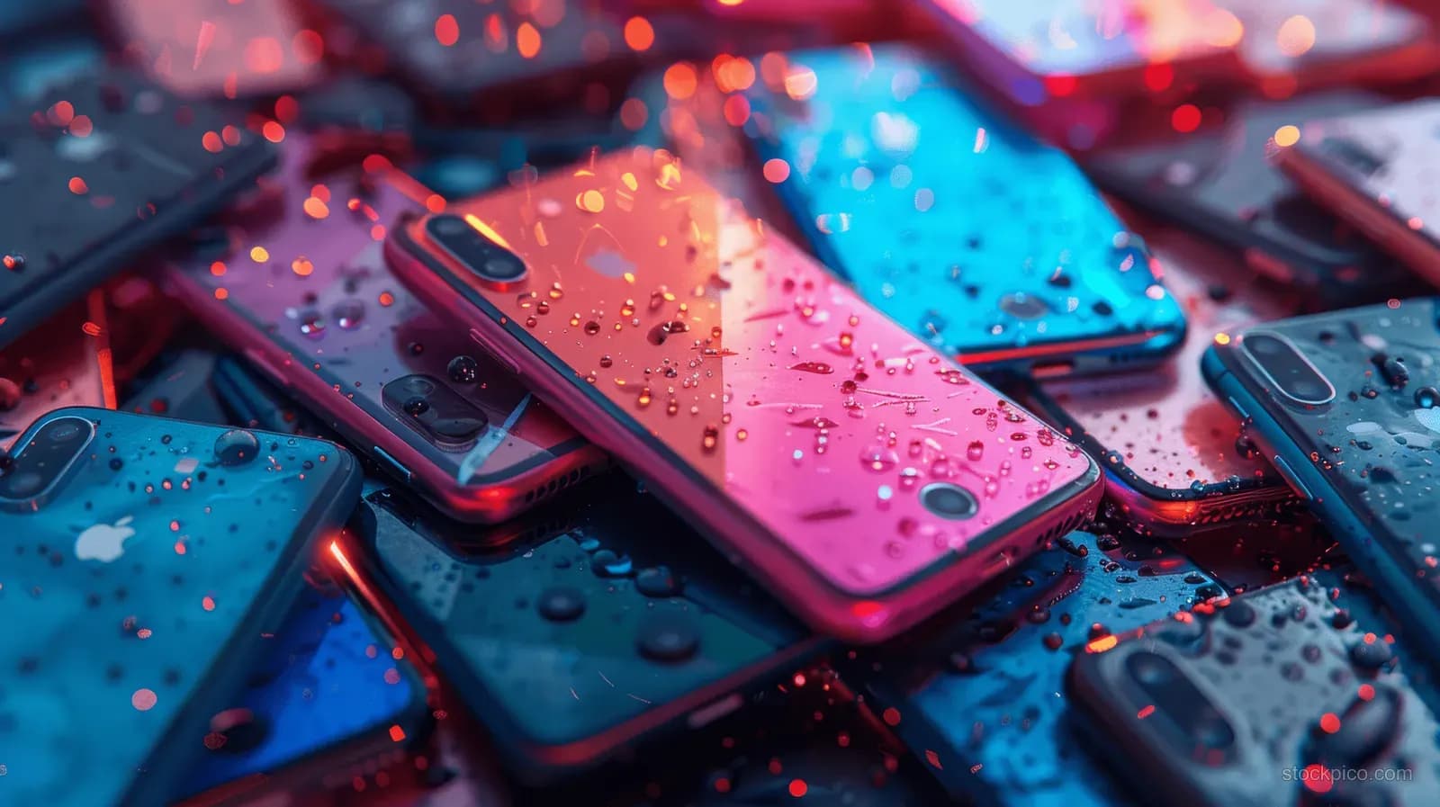 Smartphones stacked on a table with scattered pieces and visible water droplets across their screens.